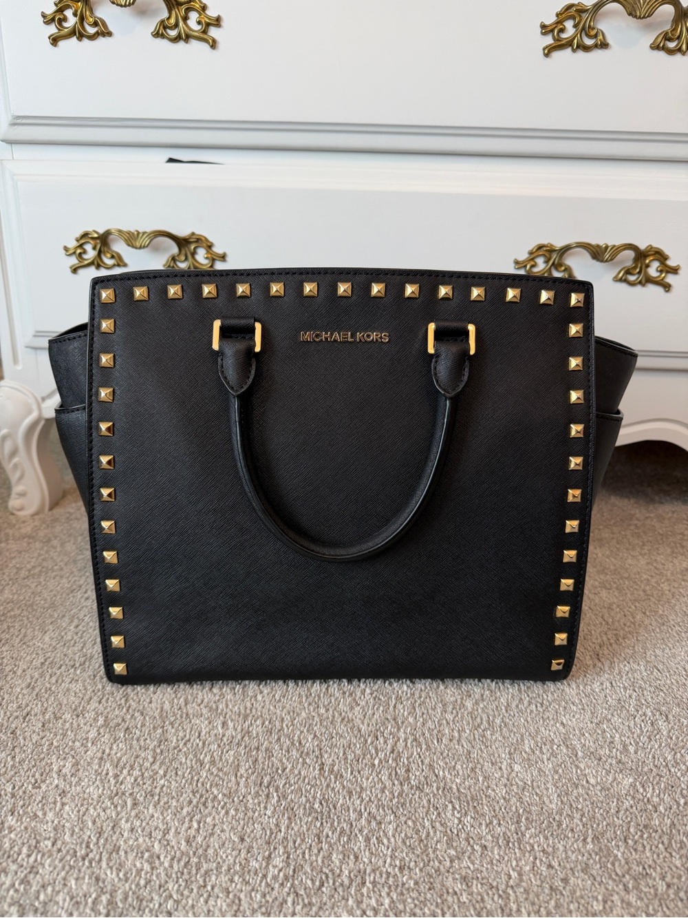 Michael Kors Black Saffiano Leather Studded Satchel with Gold Hardware